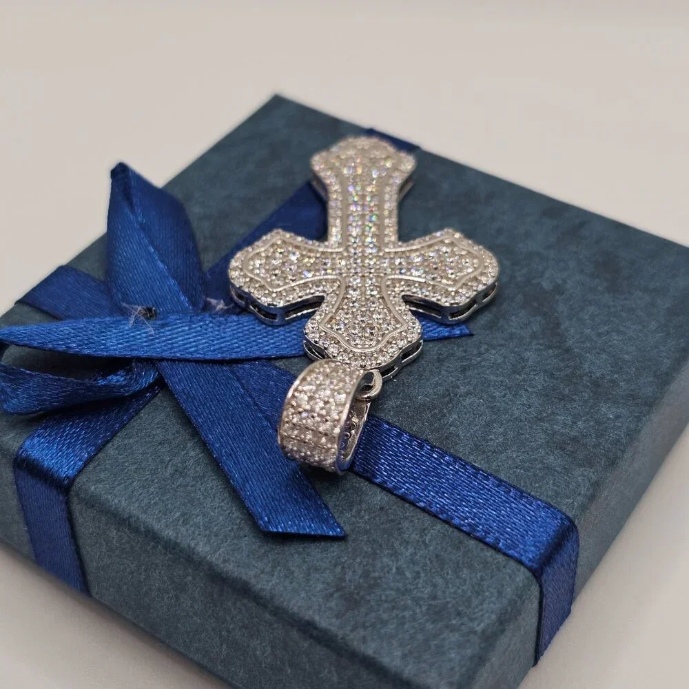 Sterling Silver 925 Rhodium Plated Cross Clear CZ Pendant